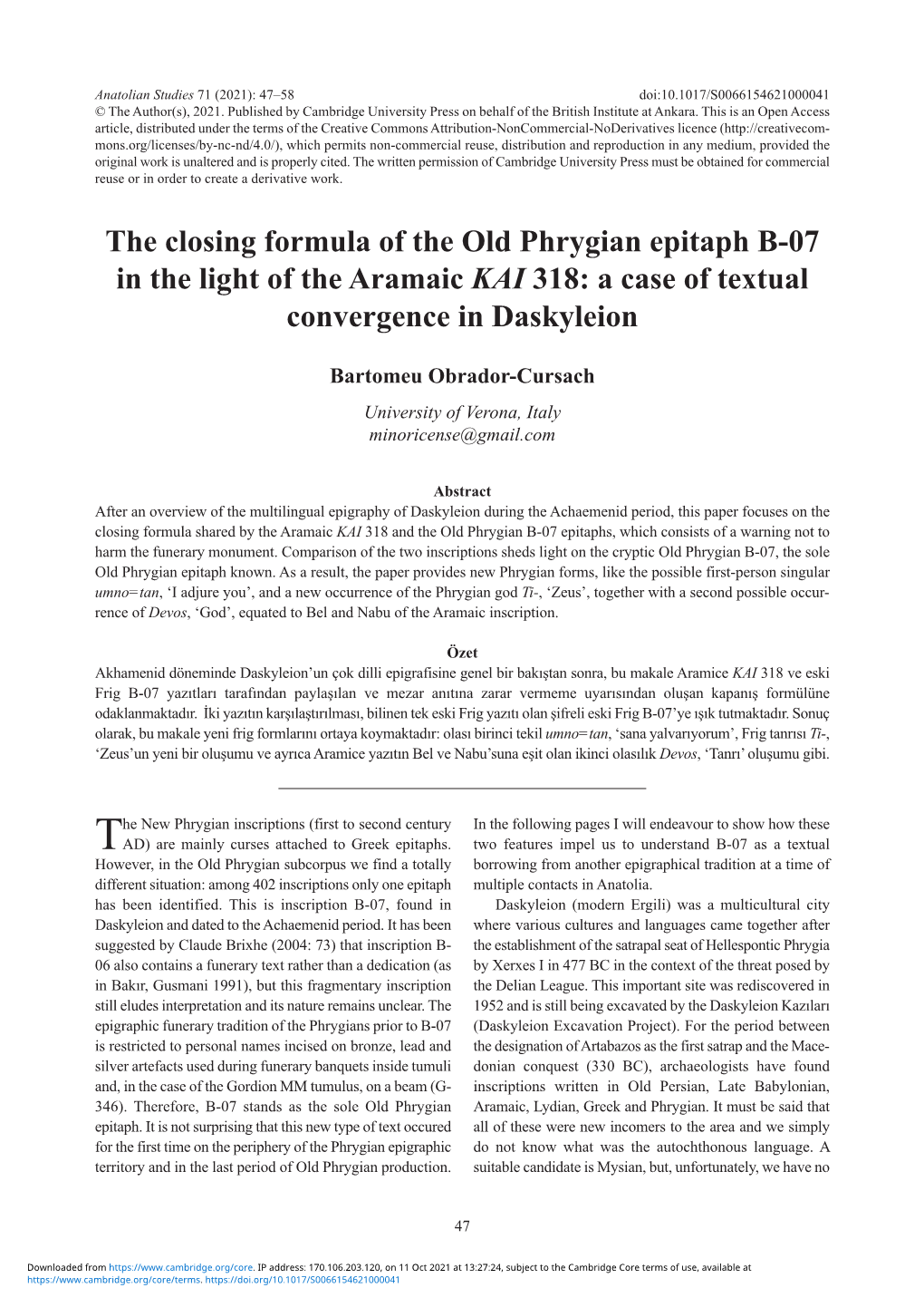 The Closing Formula of the Old Phrygian Epitaph B-07 in the Light of the Aramaic KAI 318: a Case of Textual Convergence in Daskyleion