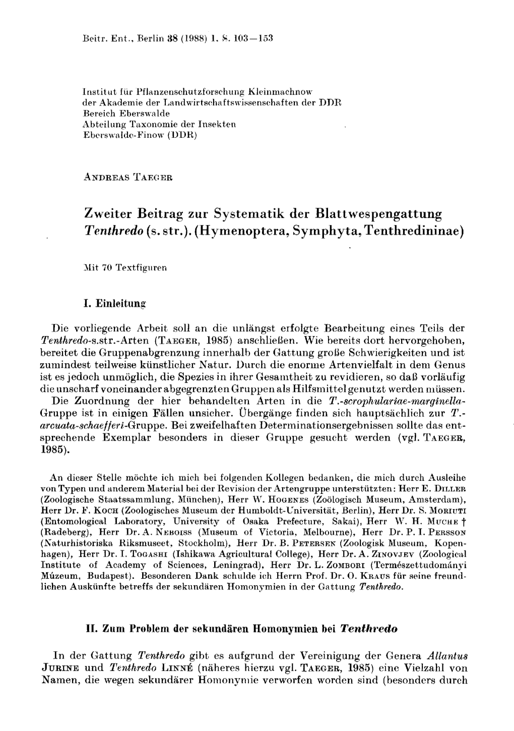 Zweiter Beitrag Zur Systematik Der Blattwespengattung Tenthredo (S