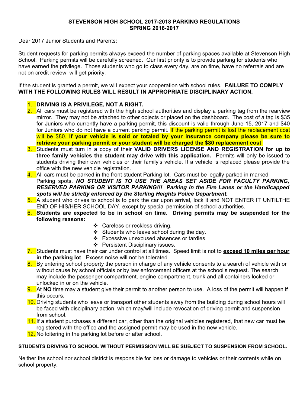 Stevenson High School 2017-2018 Parking Regulations