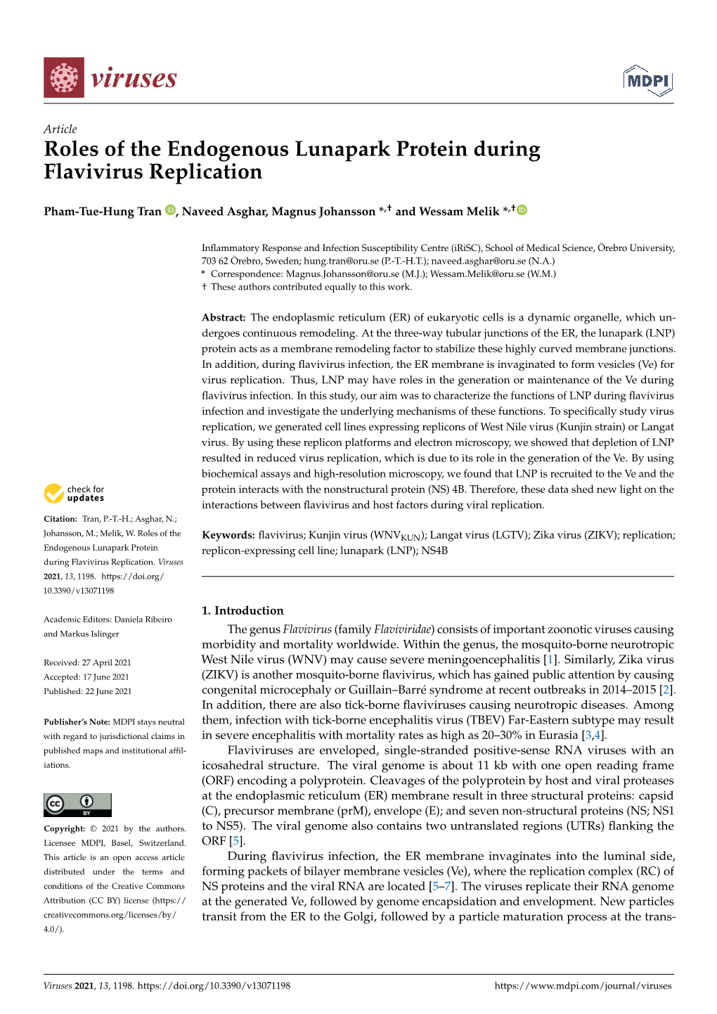 Roles of the Endogenous Lunapark Protein During Flavivirus Replication