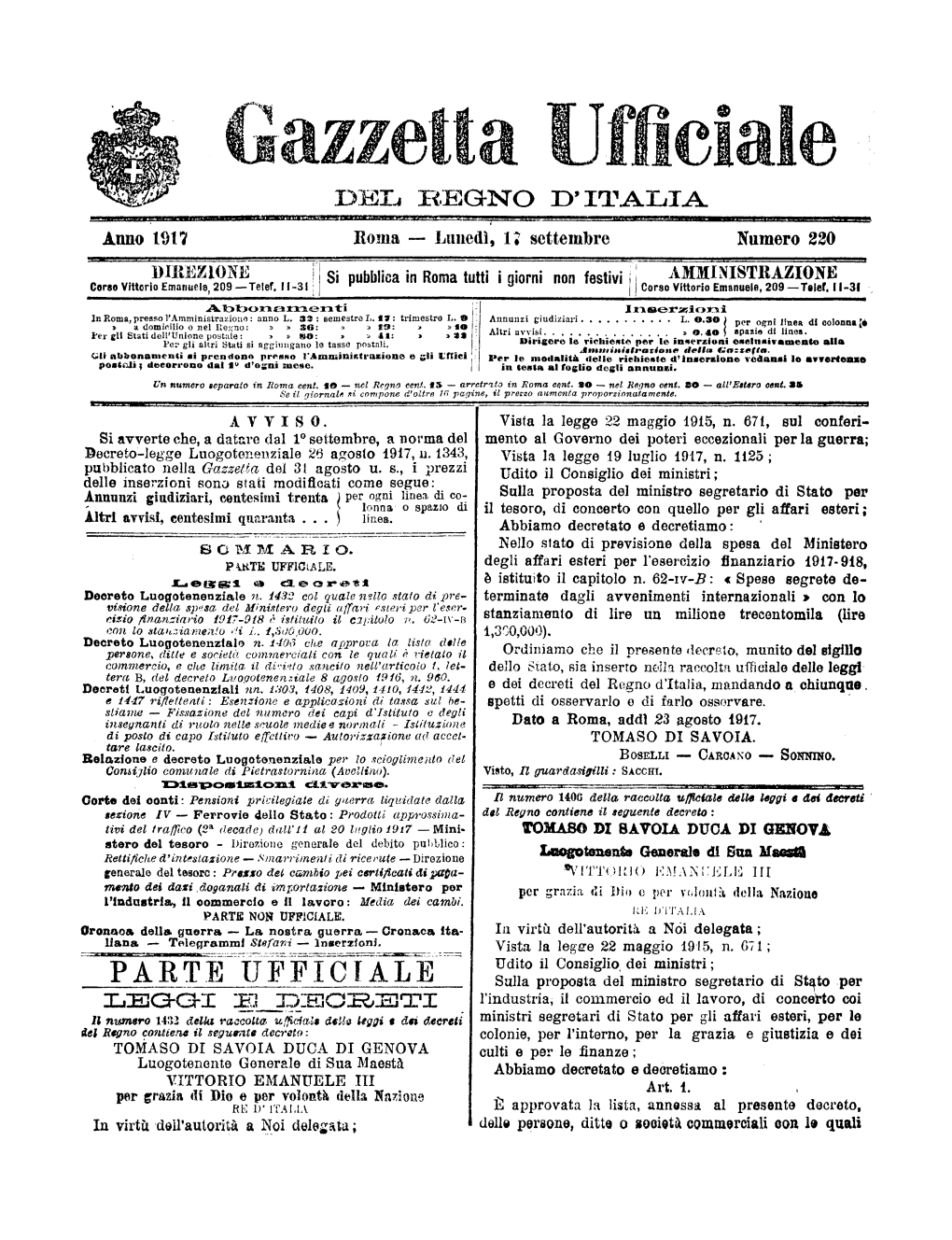Gazzetta Ufficiale Del Regno D'italia N. 220 Del 17 Settembre 1917 Parte Ufficiale E Parte Non Ufficiale