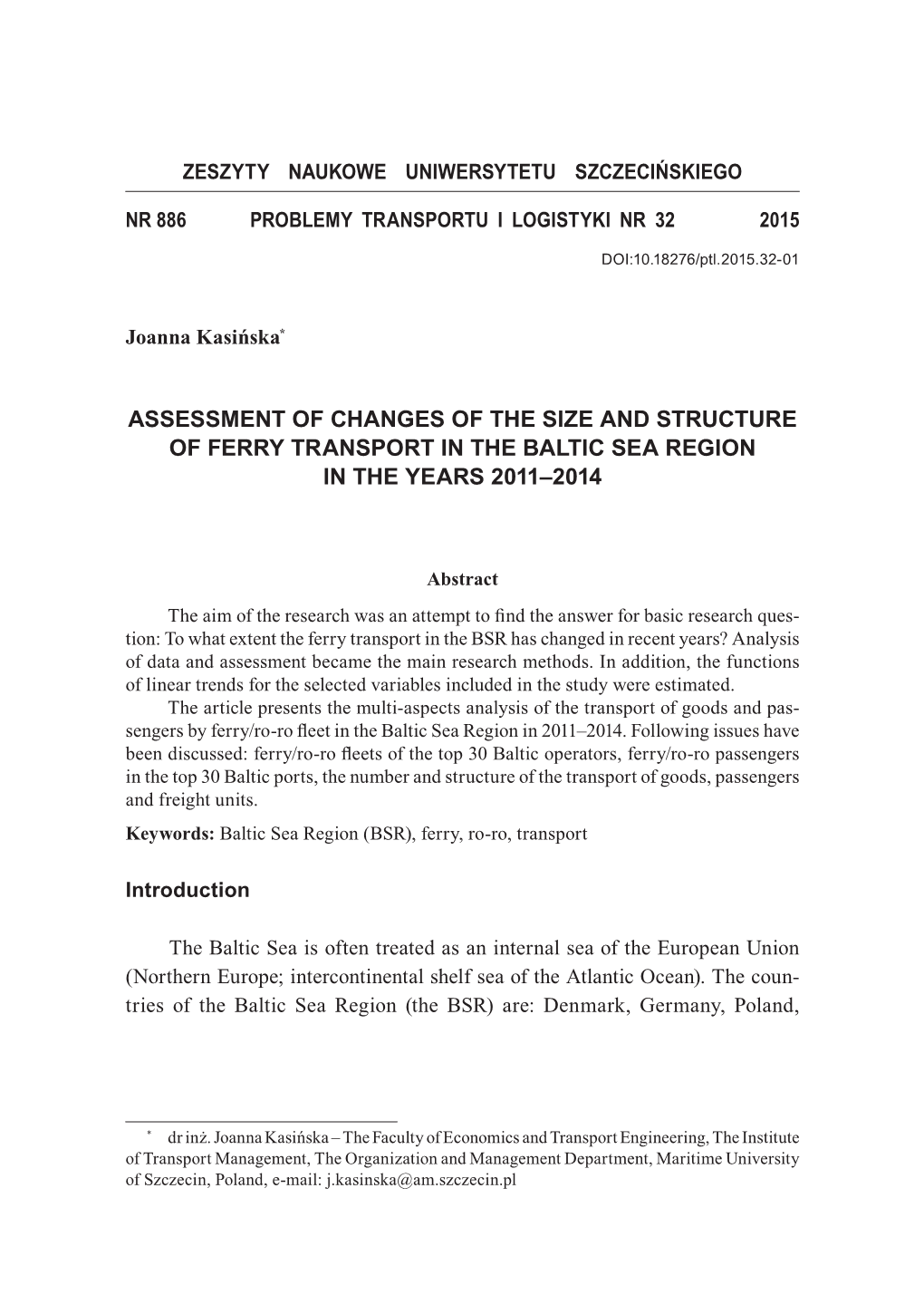 Assessment of Changes of the Size and Structure of Ferry Transport in the Baltic Sea Region in the Years 2011–2014