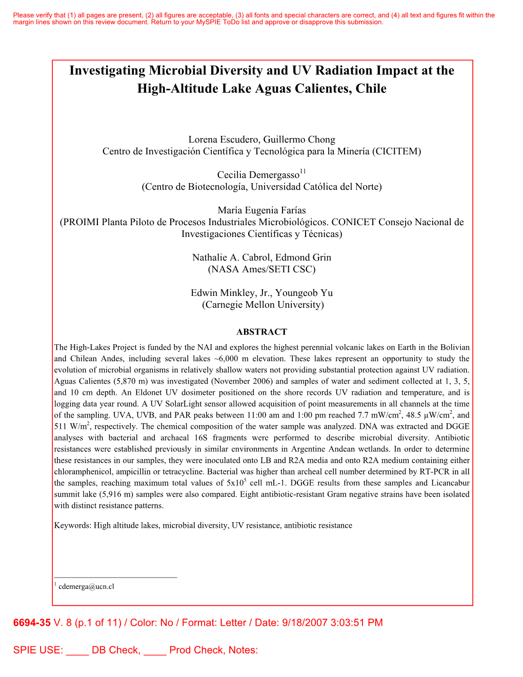 Investigating Microbial Diversity and UV Radiation Impact at the High-Altitude Lake Aguas Calientes, Chile