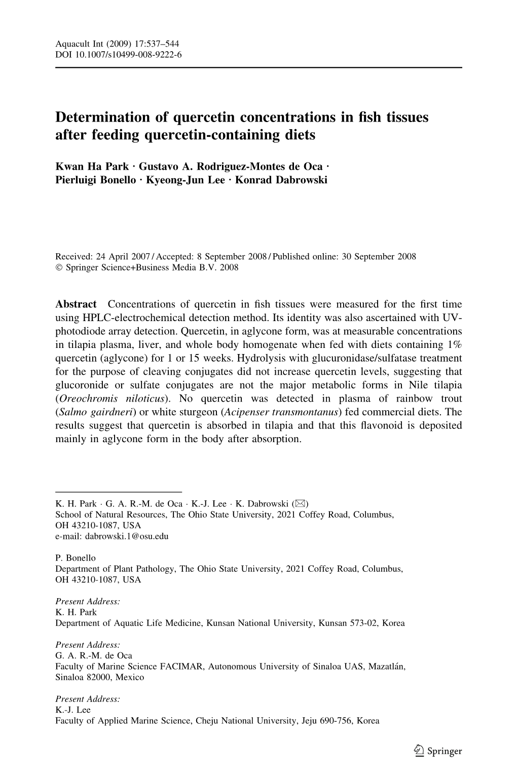 Determination of Quercetin Concentrations in Fish Tissues After Feeding Quercetin-Containing Diets