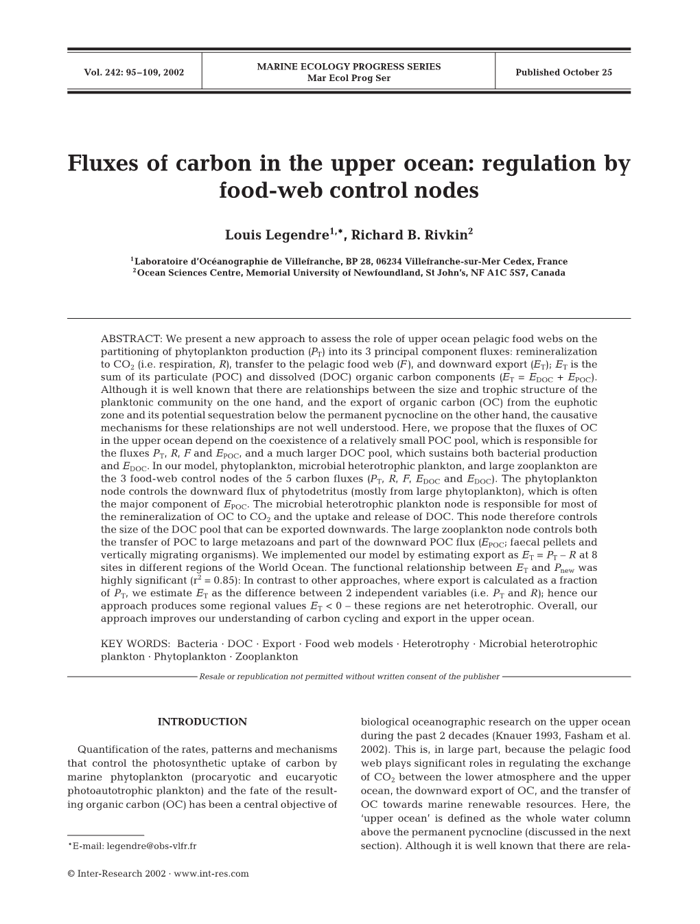 Fluxes of Carbon in the Upper Ocean: Regulation by Food-Web Control Nodes