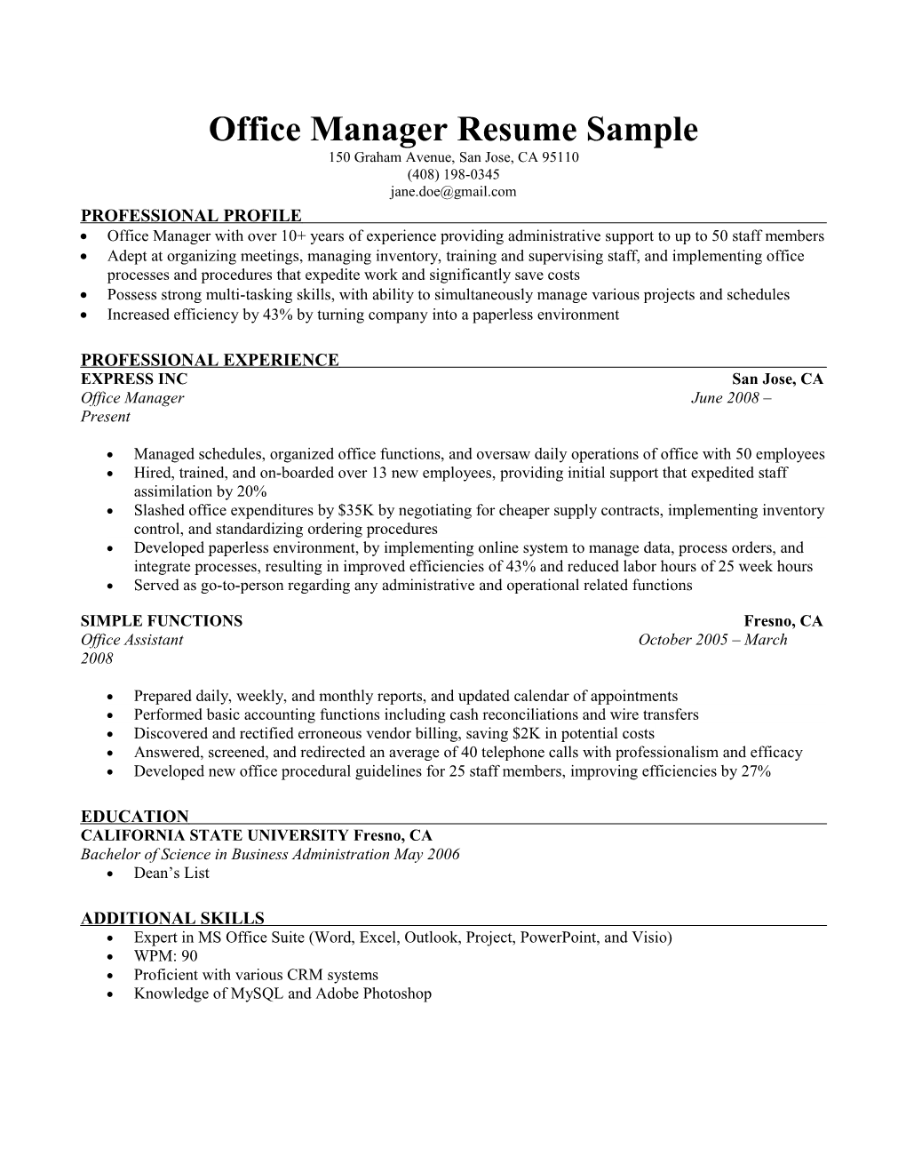 Office Manager Resume Sample