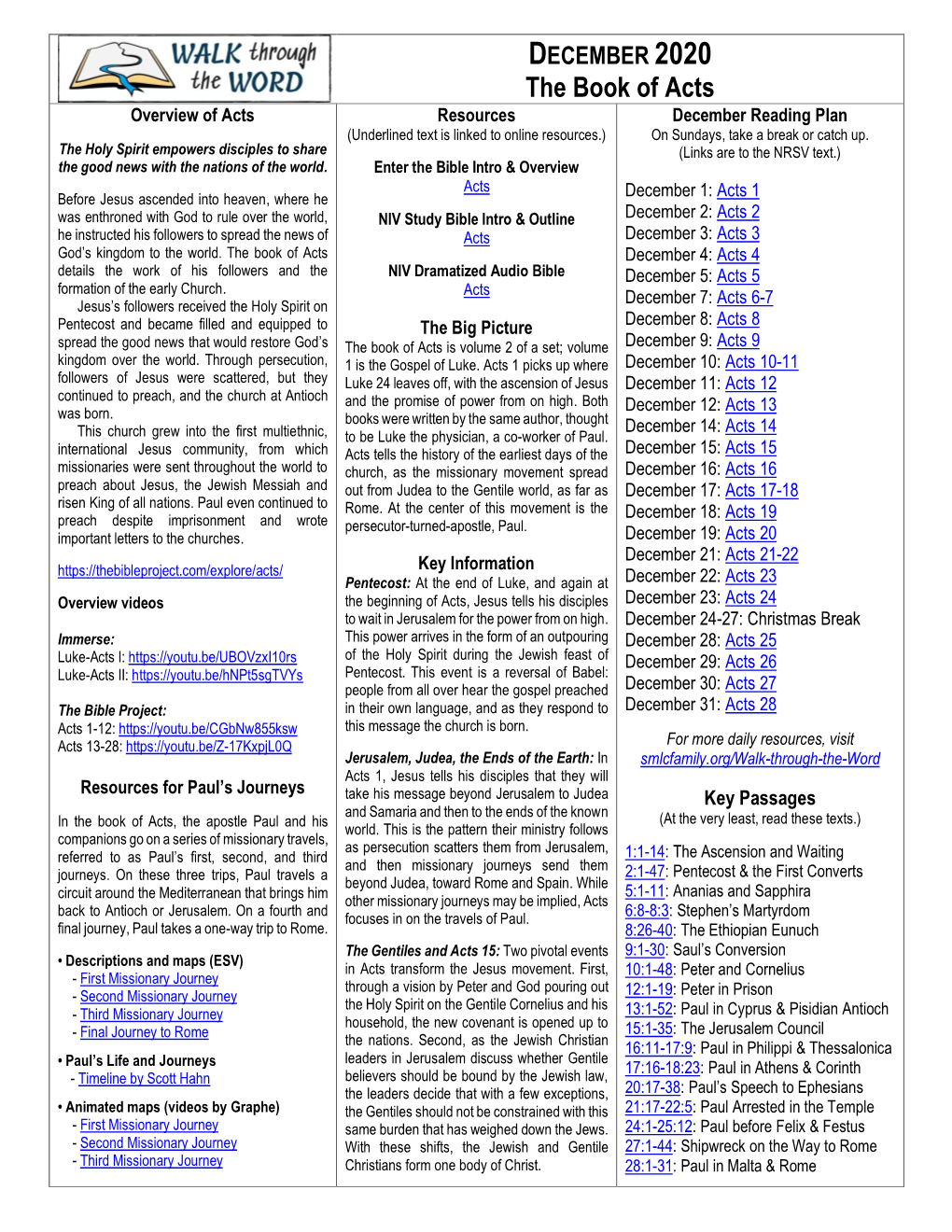 The Book of Acts Overview of Acts Resources December Reading Plan (Underlined Text Is Linked to Online Resources.) on Sundays, Take a Break Or Catch Up