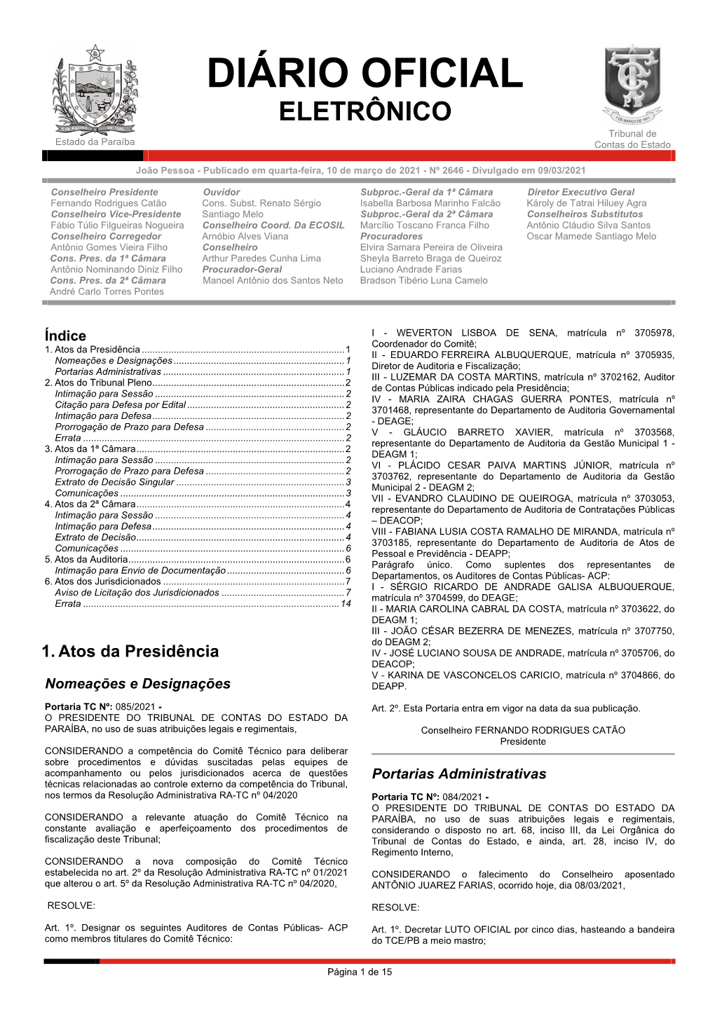 DIÁRIO OFICIAL ELETRÔNICO Tribunal De Estado Da Paraíba Contas Do Estado