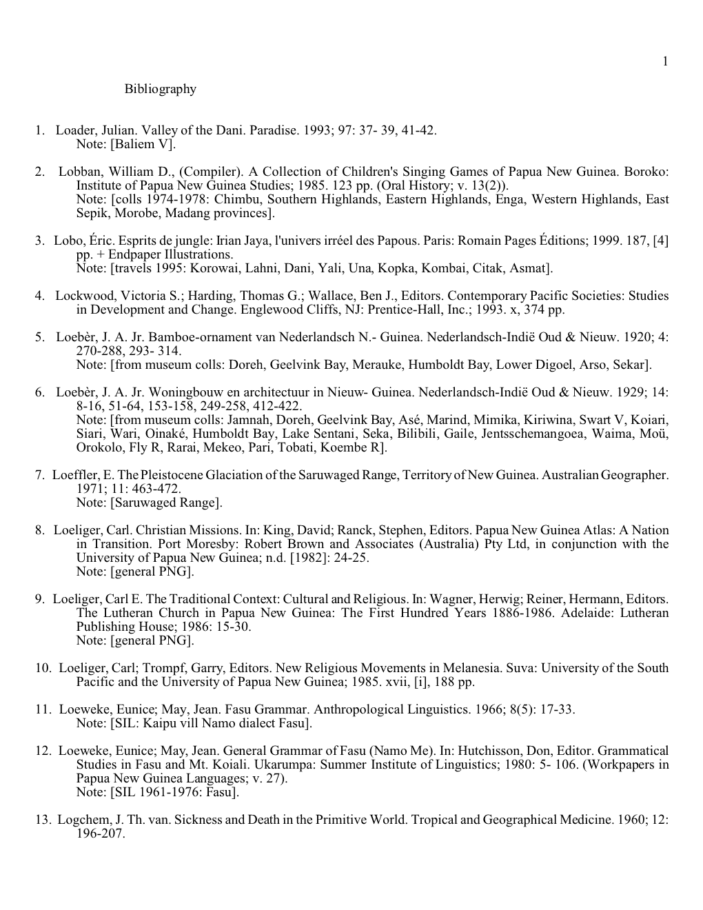 1 Bibliography 1. Loader, Julian. Valley of the Dani. Paradise. 1993; 97: 37- 39, 41-42. Note: [Baliem V]. 2. Lobban, Willia