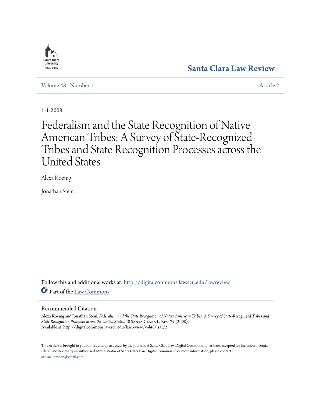 Federalism and the State Recognition of Native American Tribes: a Survey