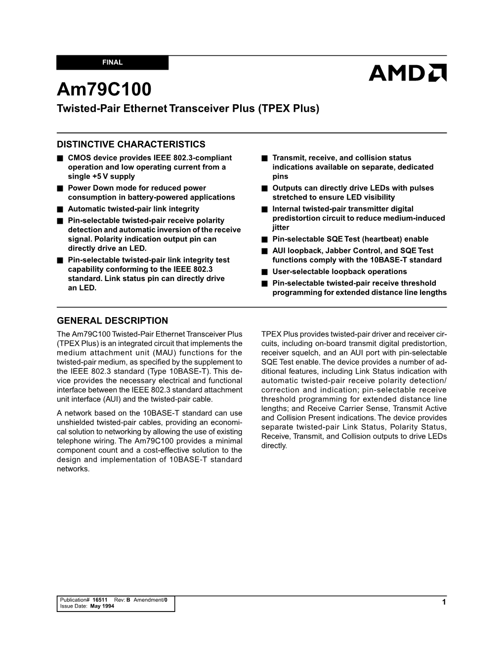 Am79c100 Twisted-Pair Ethernet Transceiver Plus (TPEX Plus)