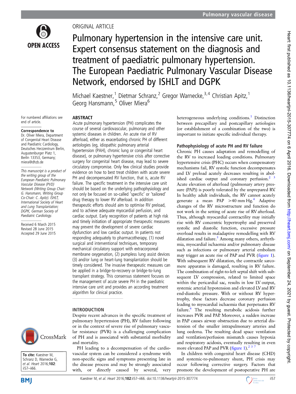 Pulmonary Hypertension in the Intensive Care Unit