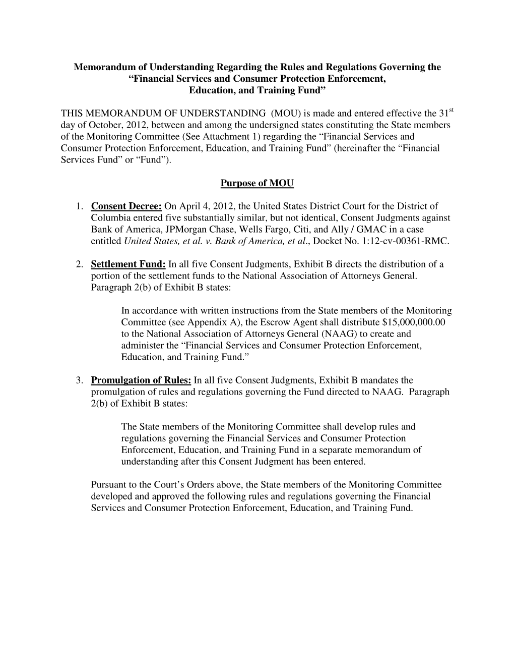 Memorandum of Understanding Regarding the “Financial Services and Consumer Protection Enforcement, Education, and Training