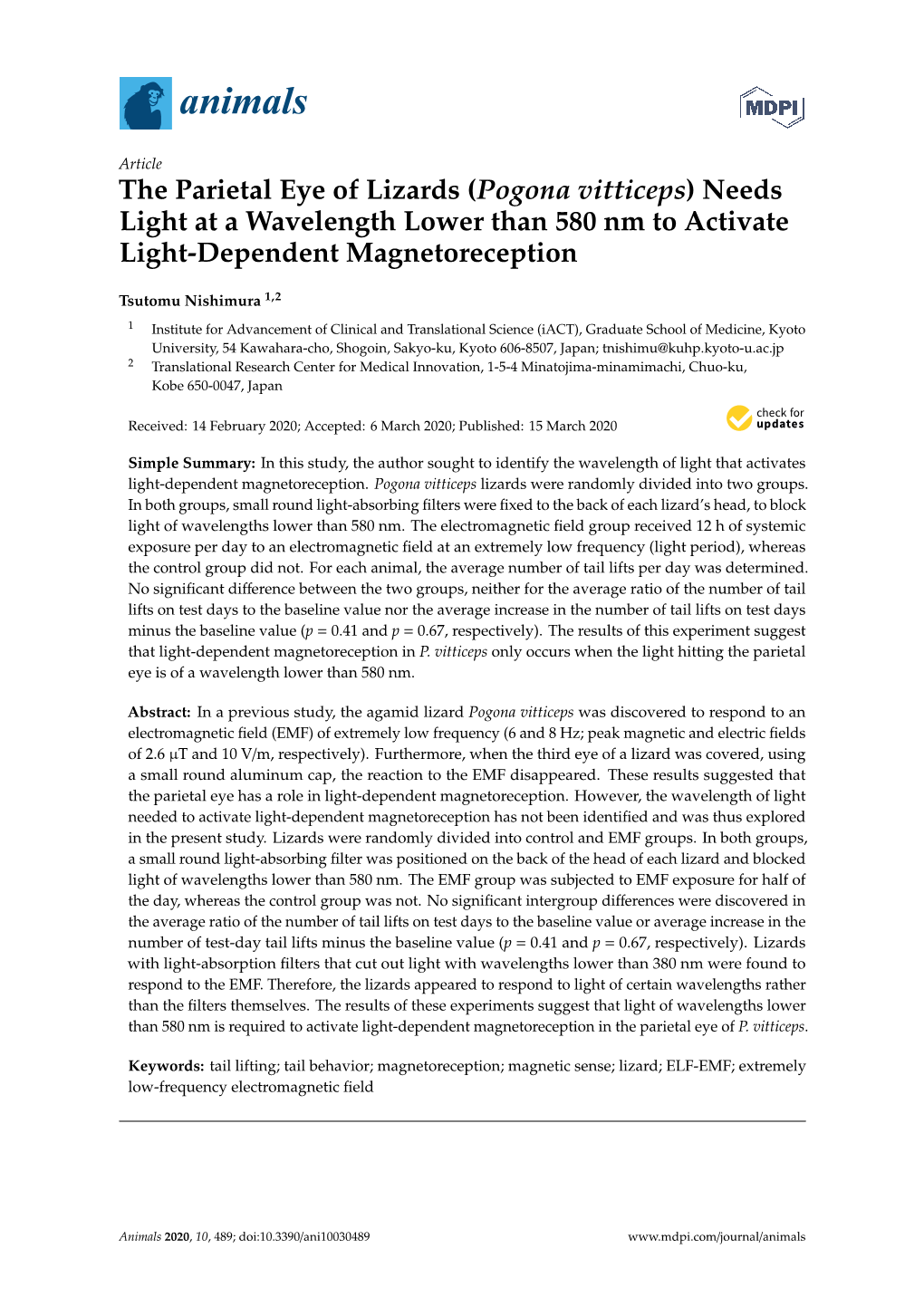 The Parietal Eye of Lizards (Pogona Vitticeps) Needs Light at a Wavelength Lower Than 580 Nm to Activate Light-Dependent Magnetoreception