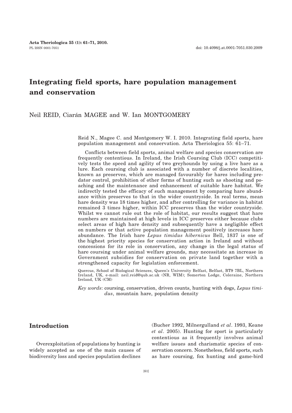 Integrating Field Sports, Hare Population Management and Conservation