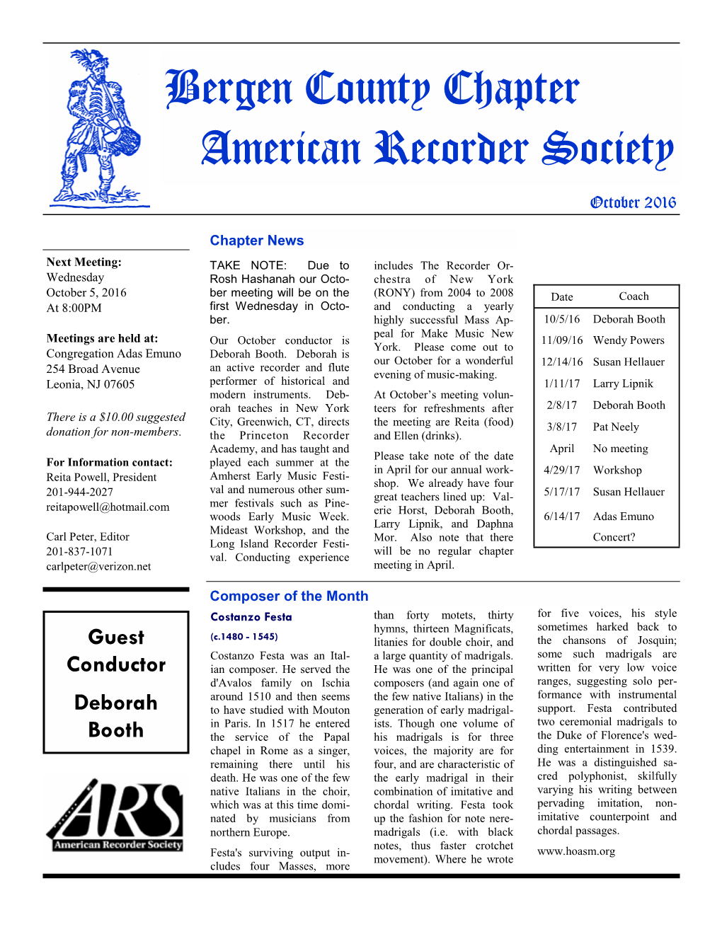 Bergen County Chapter American Recorder Society October 2016