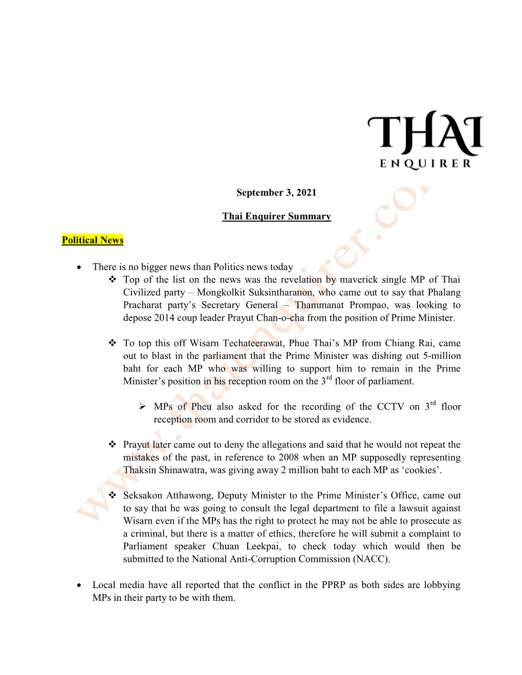 September 3, 2021 Thai Enquirer Summary Political News