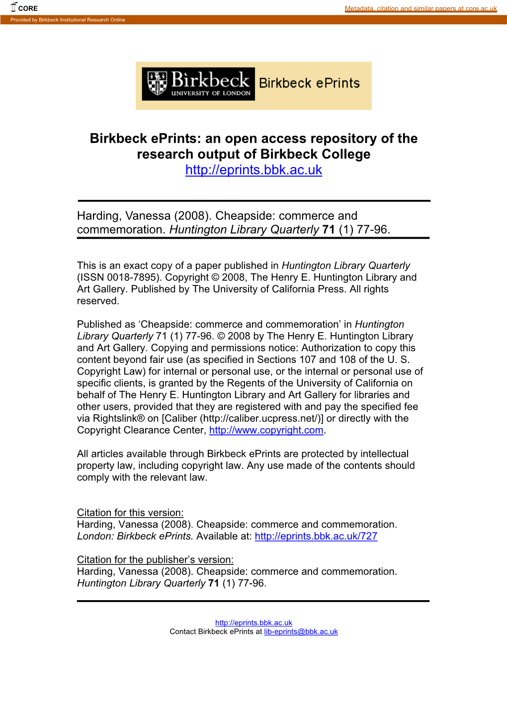 Birkbeck Eprints: an Open Access Repository of the Research Output of Birkbeck College
