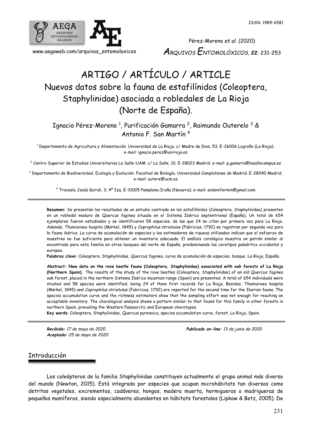 ARTIGO / ARTÍCULO / ARTICLE Nuevos Datos Sobre La Fauna De Estafilínidos (Coleoptera, Staphylinidae) Asociada a Robledales De La Rioja (Norte De España)