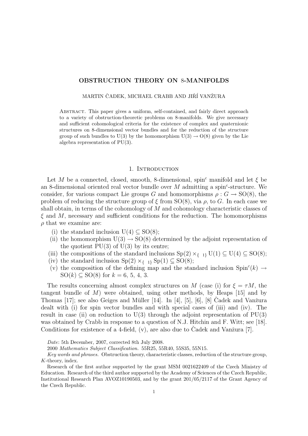 OBSTRUCTION THEORY on 8-MANIFOLDS 1. Introduction Let M