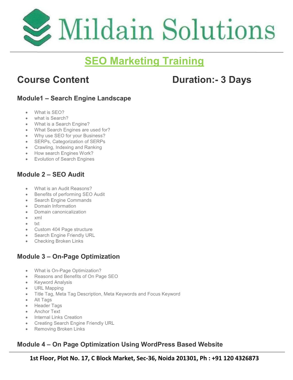 SEO Marketing Training Course Content Duration:- 3 Days