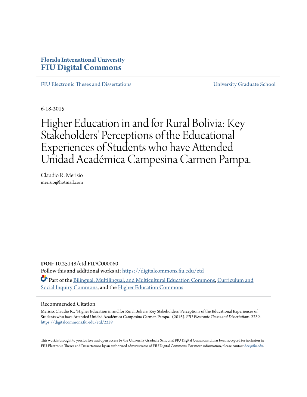 Higher Education in and for Rural Bolivia