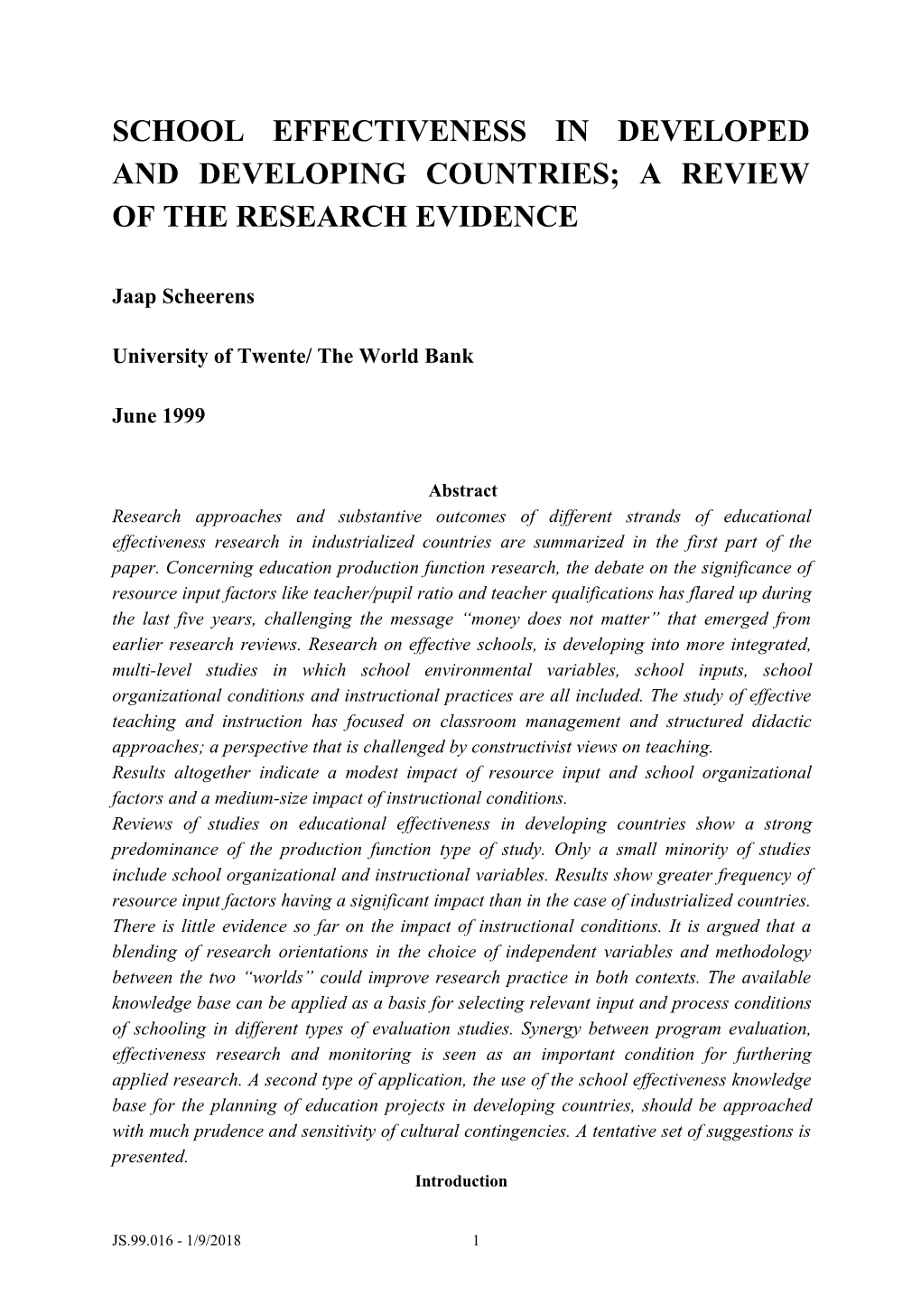 Conceptual Review and Meta-Analysis of School Effectiveness