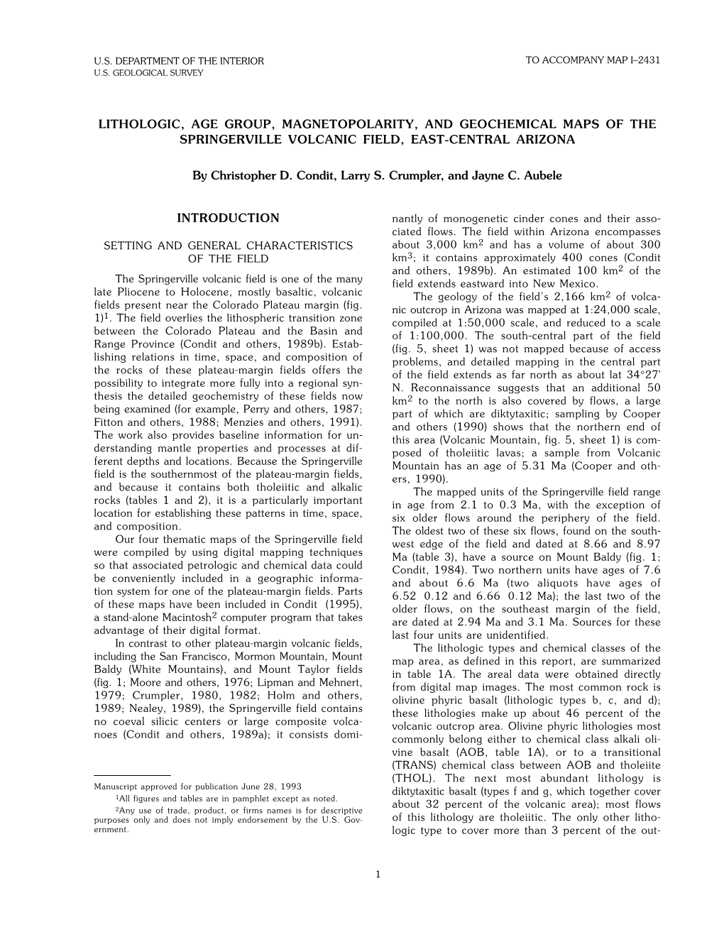 Lithologic, Age Group, Magnetopolarity, and Geochemical Maps of the Springerville Volcanic Field, East-Central Arizona