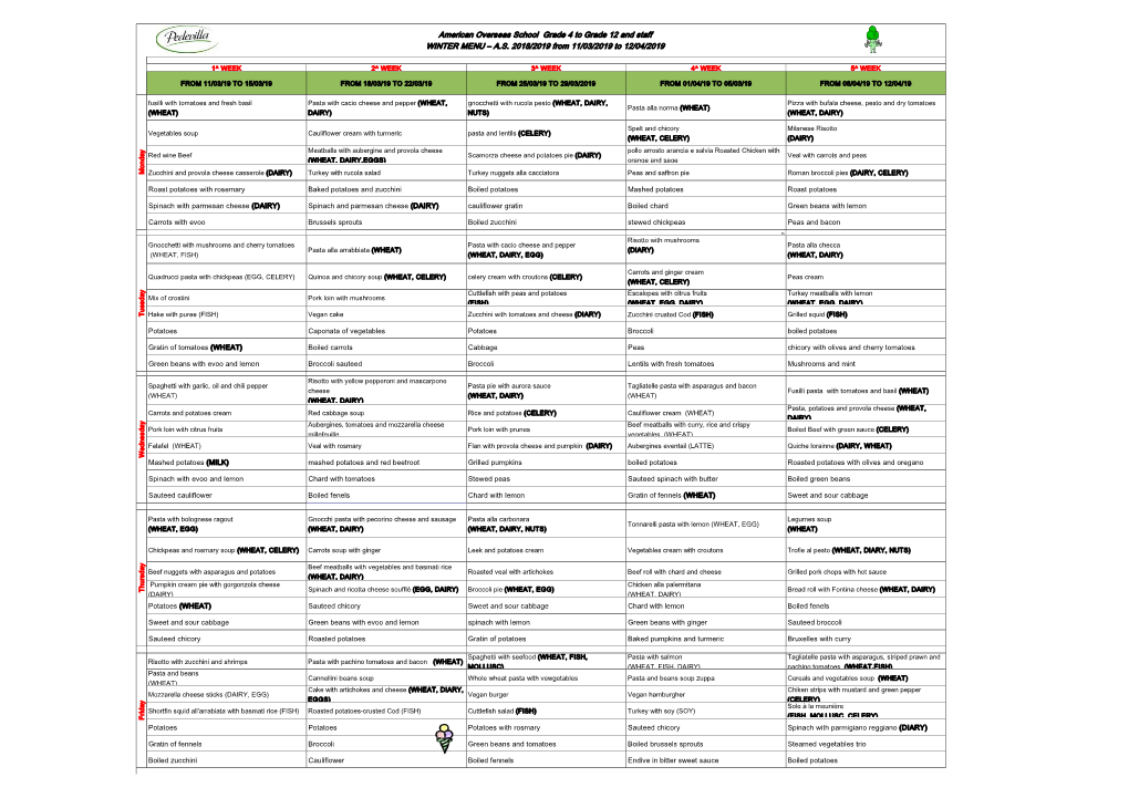 American Overseas School Grade 4 to Grade 12 and Staff WINTER MENU – A.S