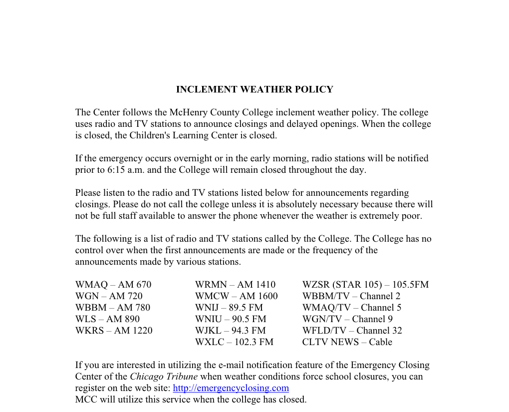 Inclement Weather Policy, Children's Learning Center