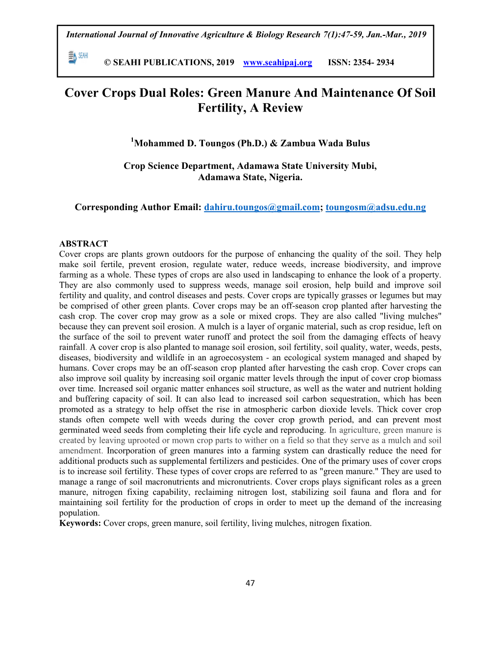 Green Manure and Maintenance of Soil Fertility, a Review