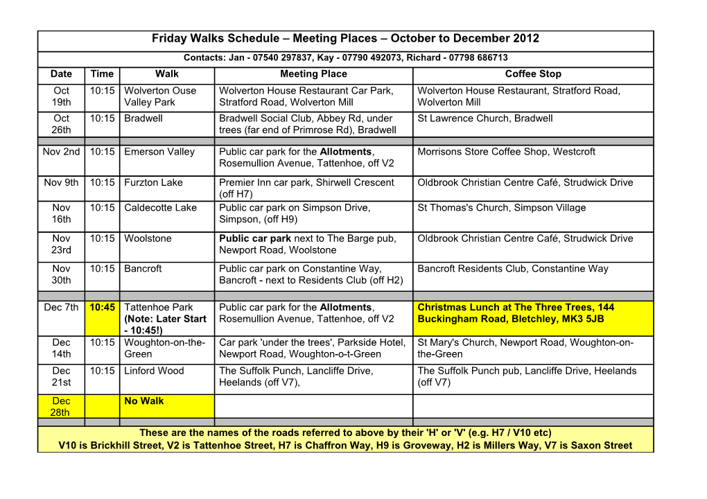 Friday Walks Schedule Meeting Places October to December 2012