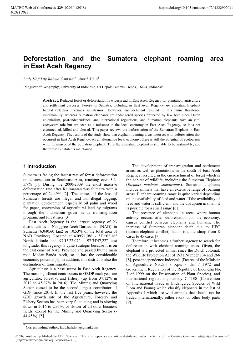 Deforestation and the Sumatera Elephant Roaming Area in East Aceh Regency