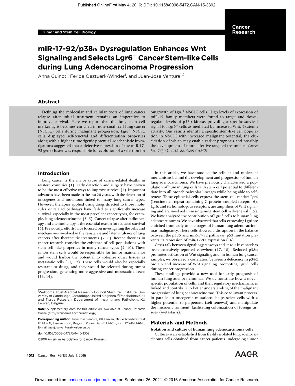 Mir-17-92/P38a Dysregulation Enhances Wnt Signaling and Selects Lgr6 Cancer Stem-Like Cells During Lung Adenocarcinoma Progressi