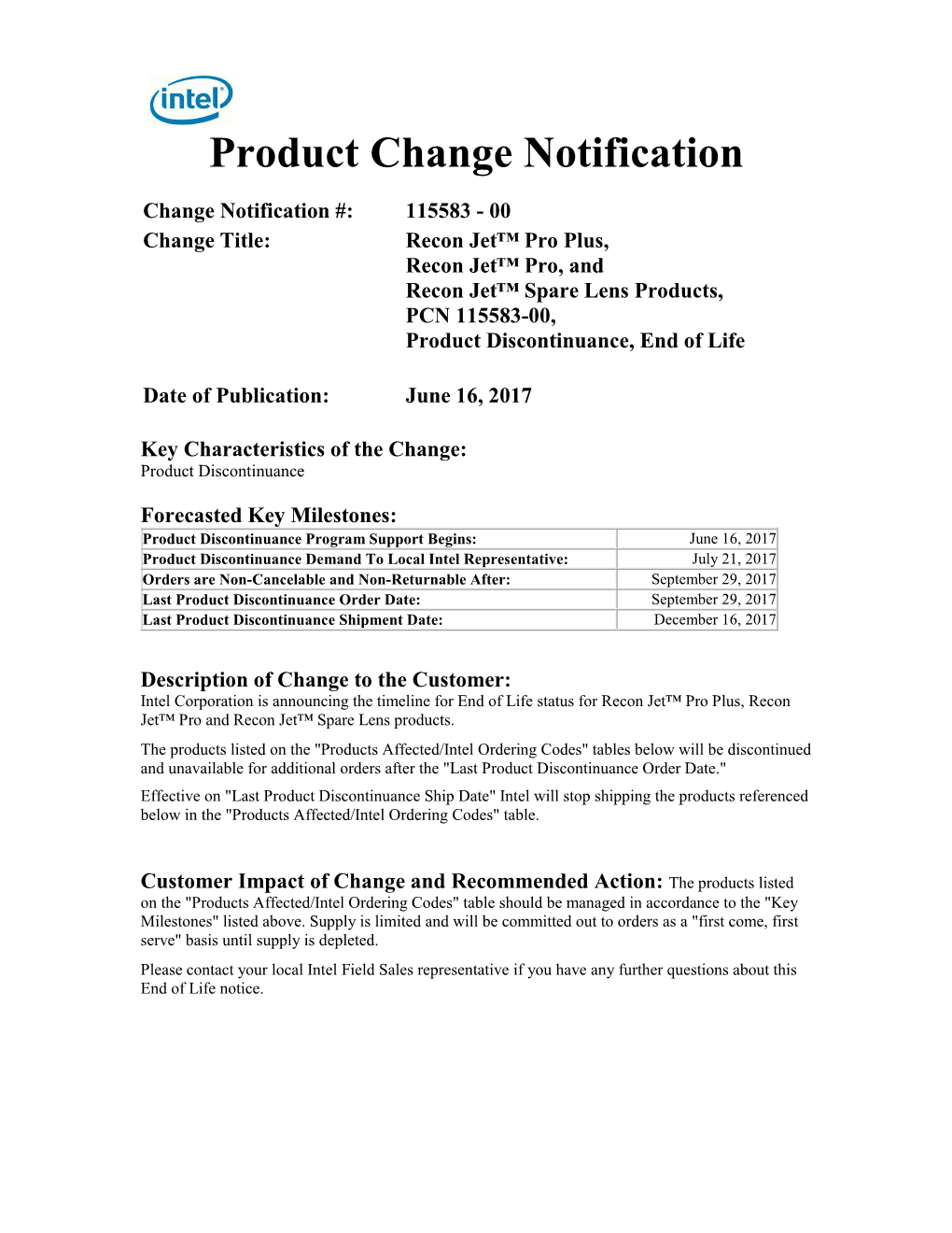 Product Change Notification