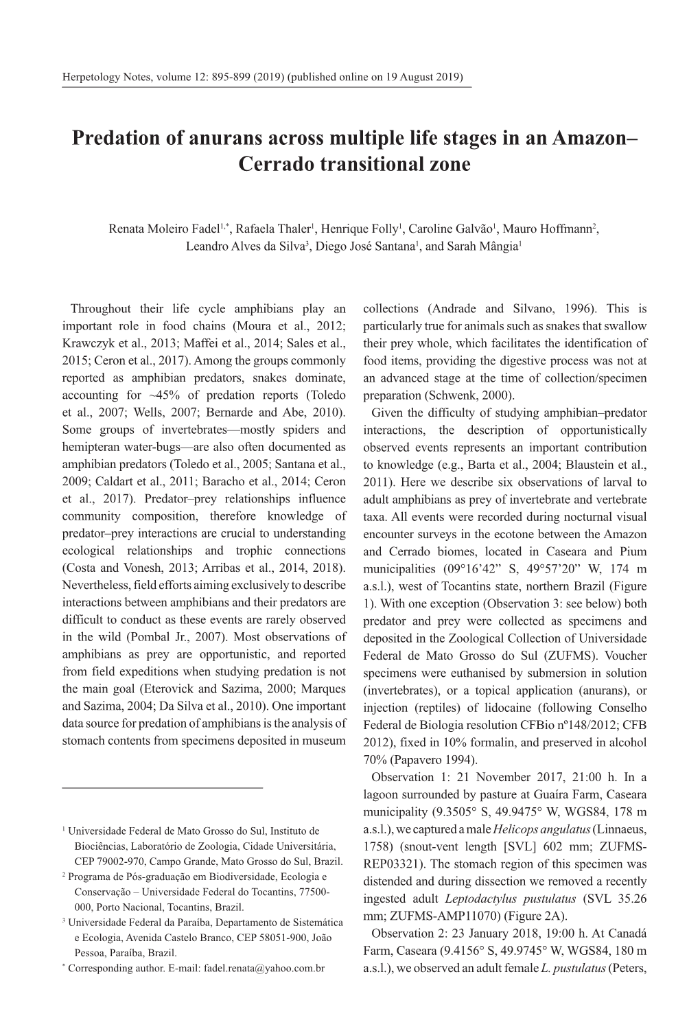 Predation of Anurans Across Multiple Life Stages in an Amazon– Cerrado Transitional Zone