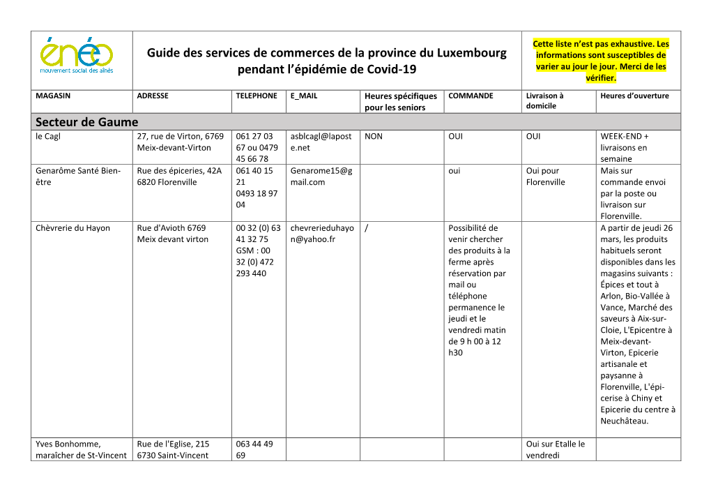 Guide Des Services De Commerces De La Province Du Luxembourg Informations Sont Susceptibles De Pendant L’Épidémie De Covid-19 Varier Au Jour Le Jour