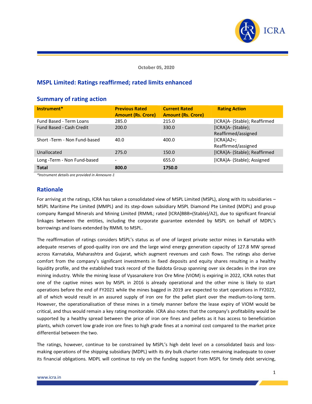 MSPL Limited: Ratings Reaffirmed; Rated Limits Enhanced