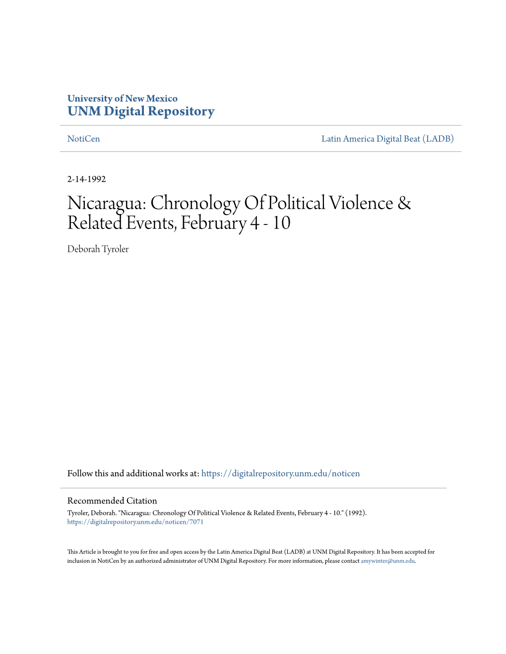 Nicaragua: Chronology of Political Violence & Related Events, February 4 - 10 Deborah Tyroler