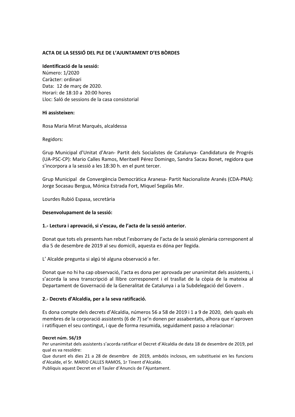 Acta De La Sessió Del Ple De L'ajuntament D'es Bòrdes