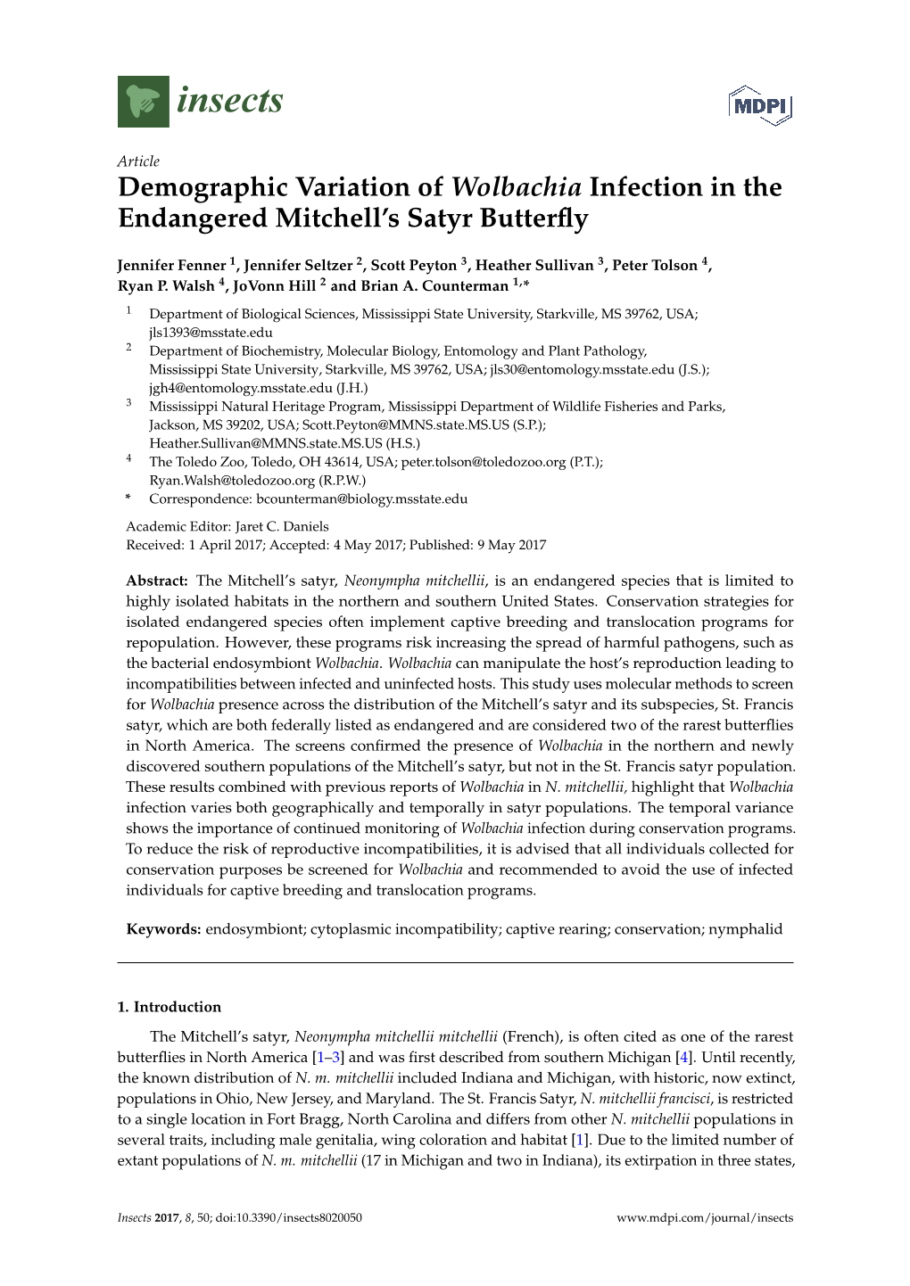 Demographic Variation of Wolbachia Infection in the Endangered Mitchell’S Satyr Butterﬂy