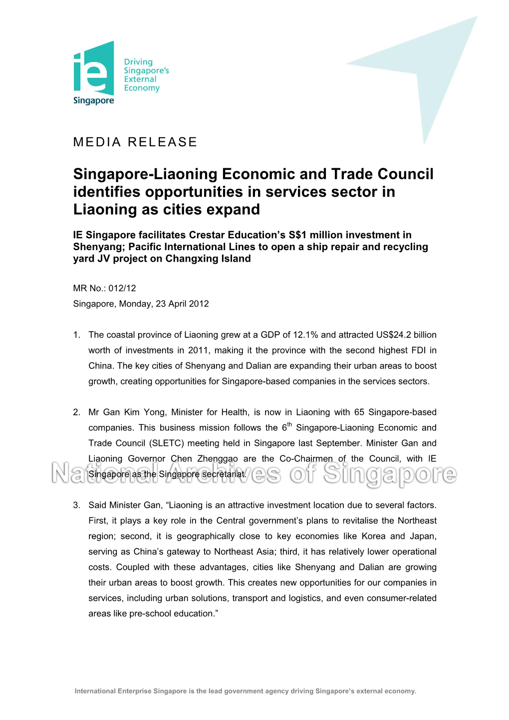 Singapore-Liaoning Economic and Trade Council Identifies Opportunities in Services Sector in Liaoning As Cities Expand