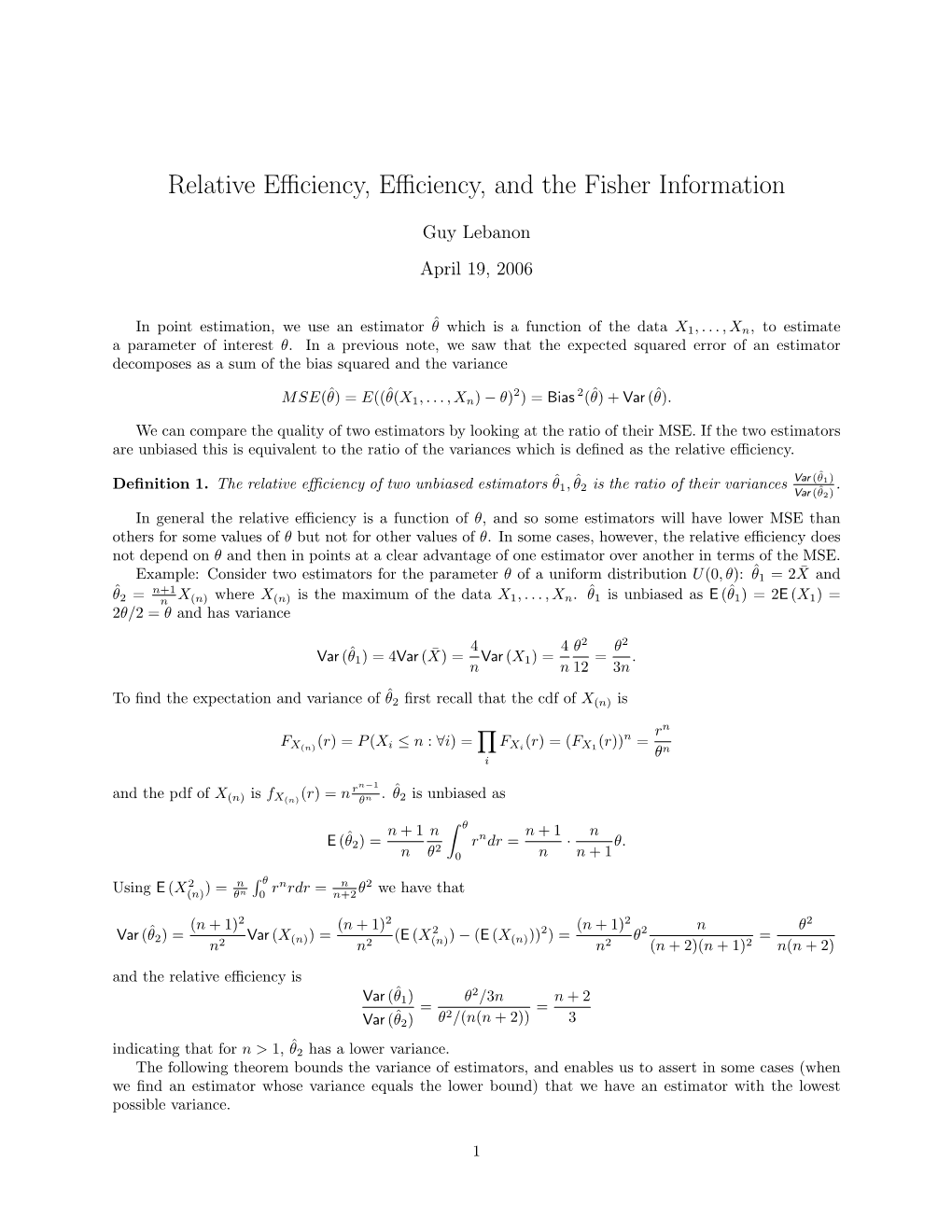 Relative Efficiency, Efficiency, and the Fisher Information