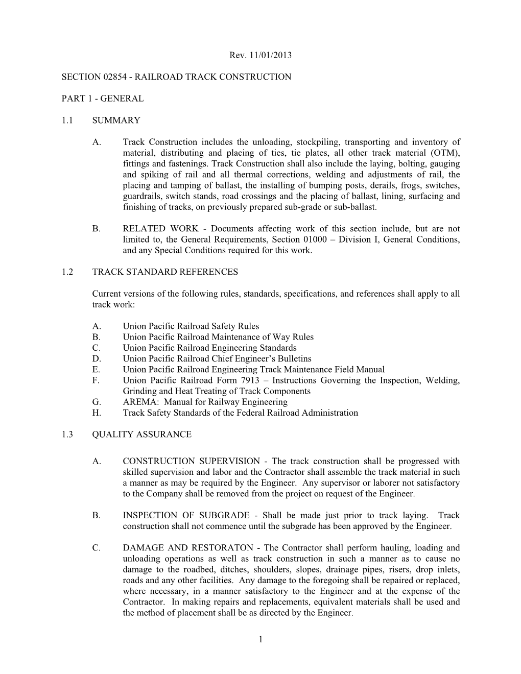 Section 02854 - Railroad Track Construction