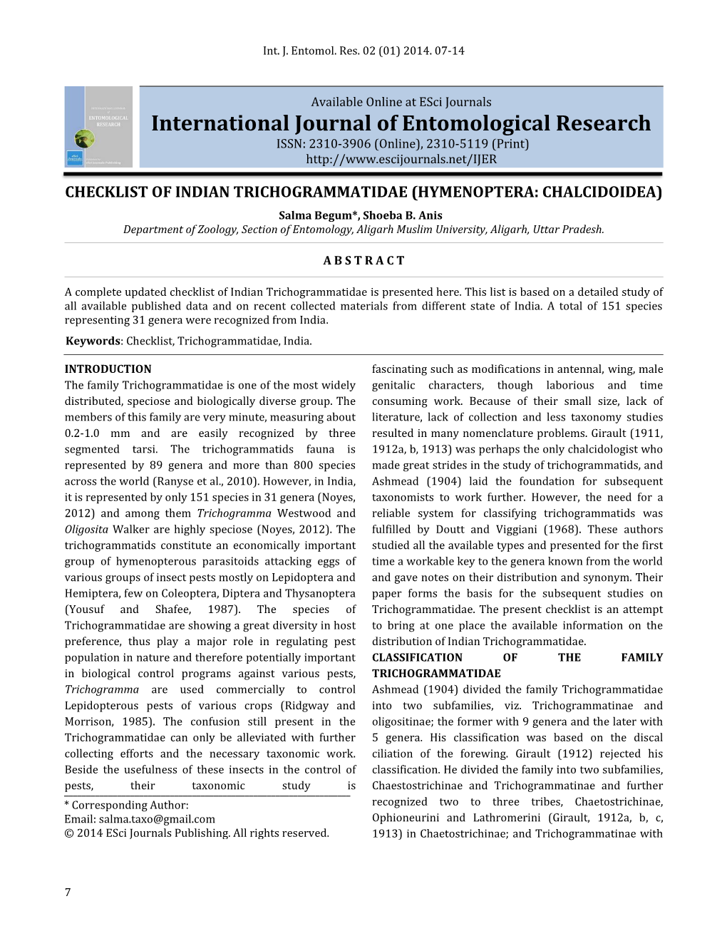 CHECKLIST of INDIAN TRICHOGRAMMATIDAE (HYMENOPTERA: CHALCIDOIDEA) Salma Begum*, Shoeba B