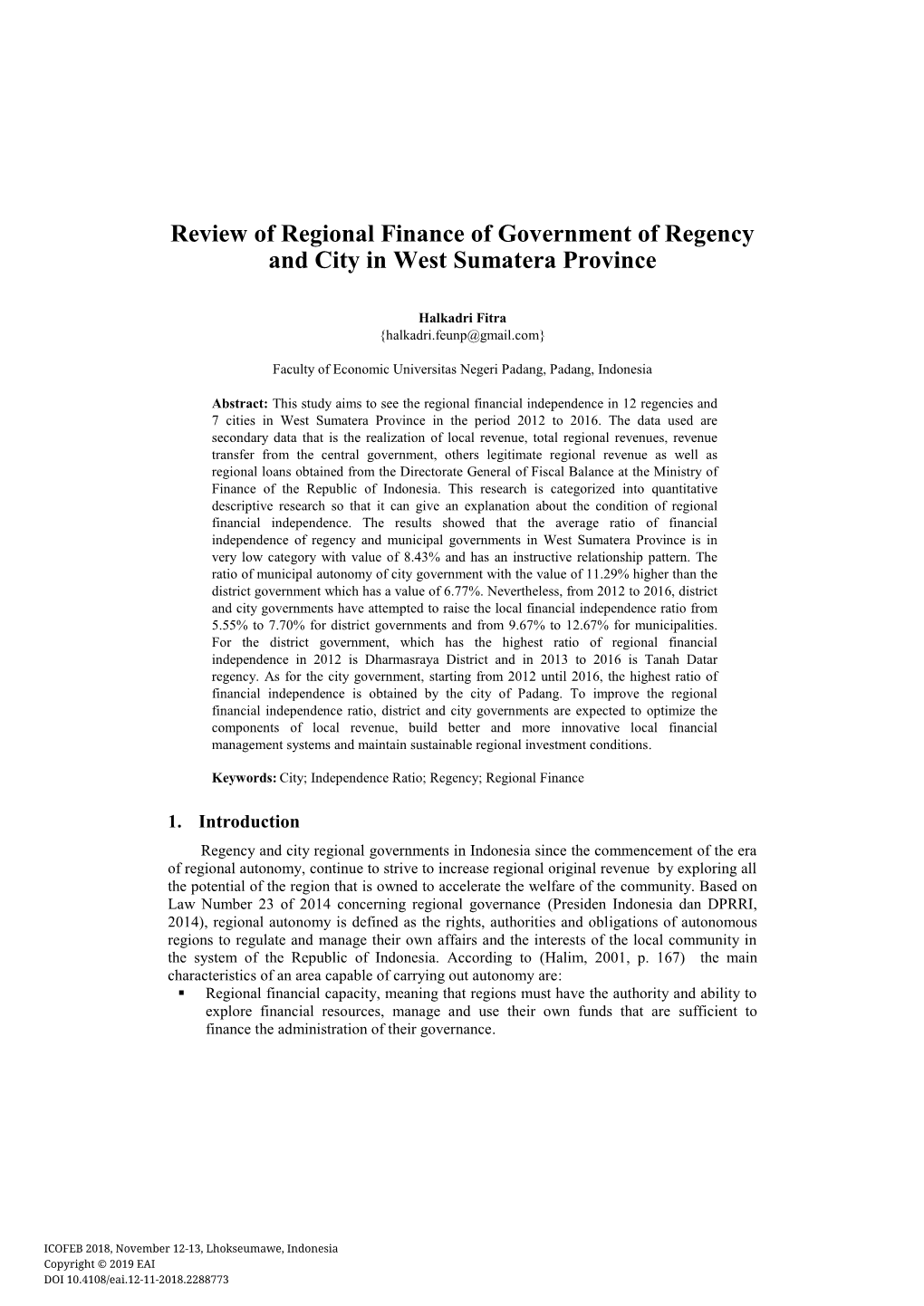 Review of Regional Finance of Government of Regency and City in West Sumatera Province