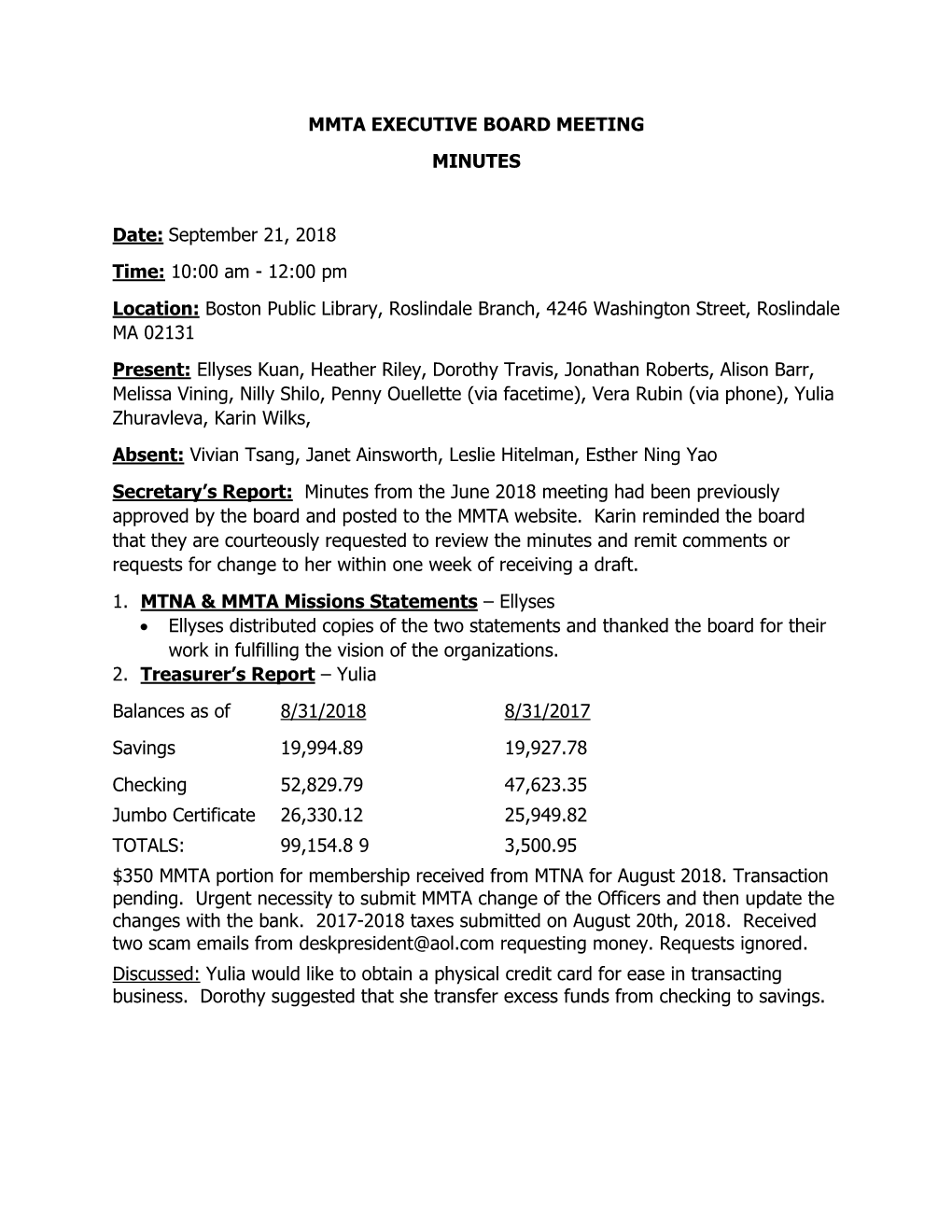 MMTA EXECUTIVE BOARD MEETING MINUTES Date: September