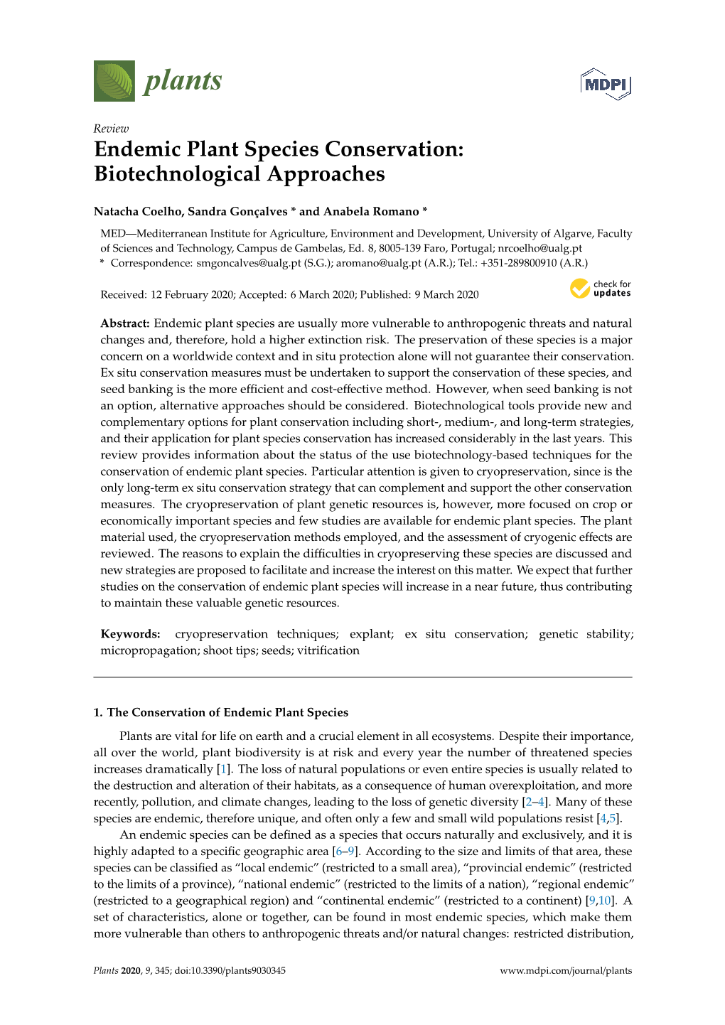 Endemic Plant Species Conservation: Biotechnological Approaches