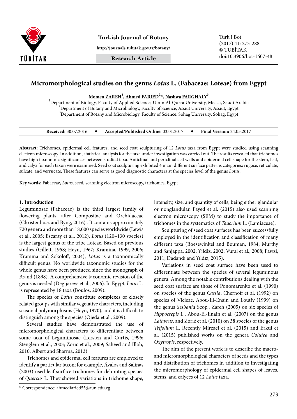 Micromorphological Studies on the Genus Lotus L. (Fabaceae: Loteae) from Egypt