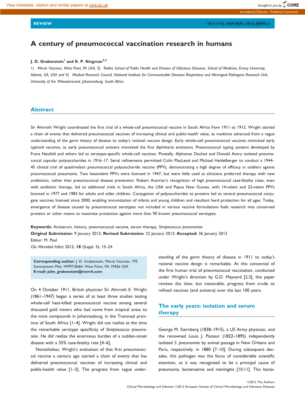 A Century of Pneumococcal Vaccination Research in Humans